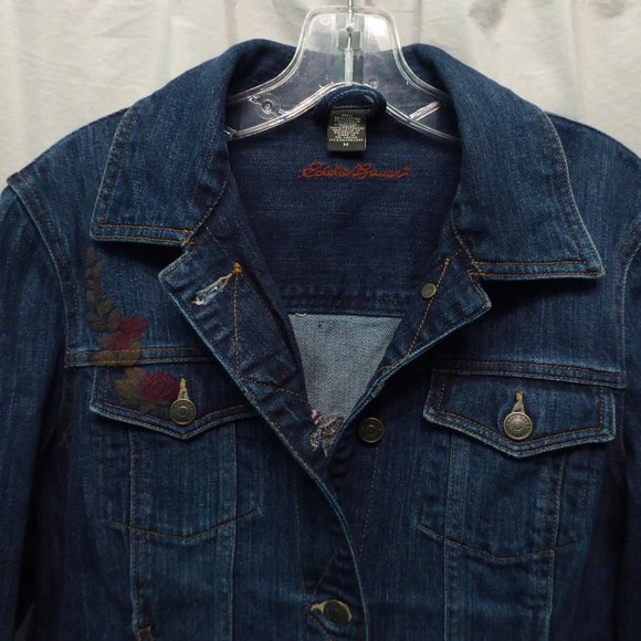Womens Stretch Denim Floral Embroidered Jean Jacket - Picture 3 of 10